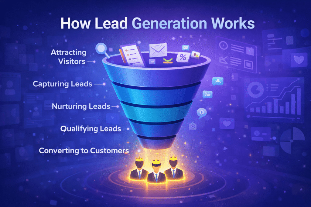 lead generation funnel process showing attracting visitors, capturing leads, nurturing and converting customers