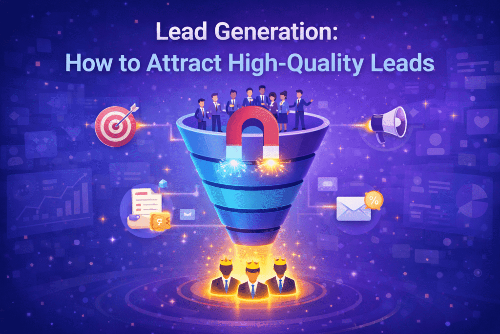 lead generation funnel illustration showing how to attract high-quality leads and convert visitors into customers