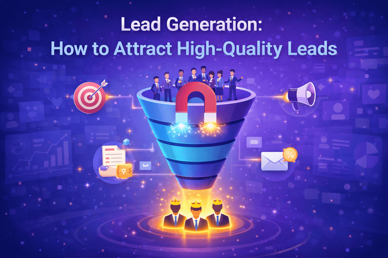 lead generation funnel illustration showing how to attract high-quality leads and convert visitors into customers